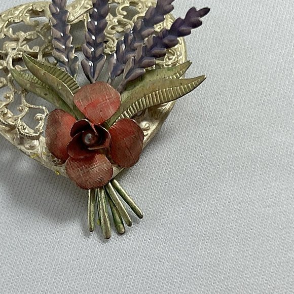 Vintage Open Metal Heart Flower Brooch Pin Pink Purple Cottagecore 2.25" X 1.75" - Picture 3 of 9
